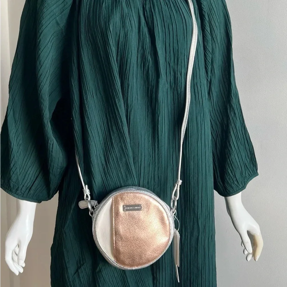 ADRIENNE LANDAU Round zipper Cross Body Silver Rose Gold Pony Shoulder Bag Purse